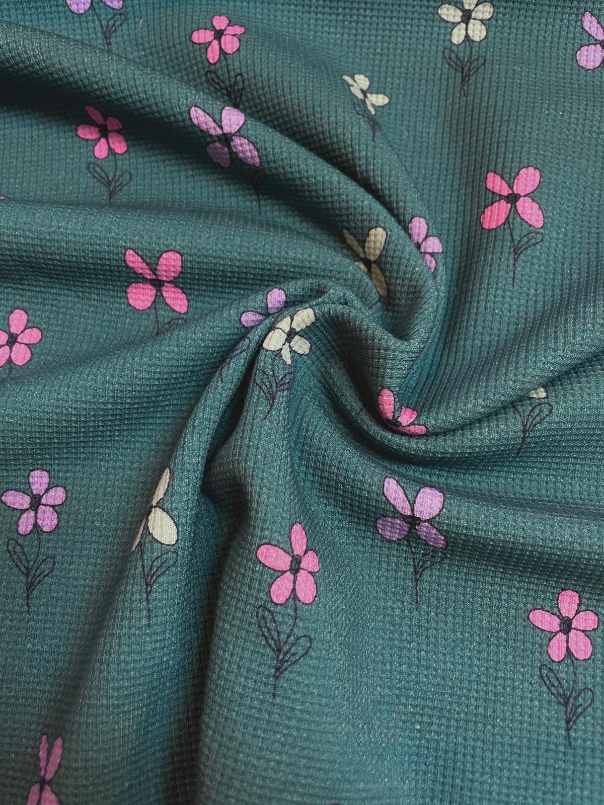 Waffel-Jersey Stoff petrol / bunte Blumen Waffel-Jersey Stoff petrol / bunte Blumen